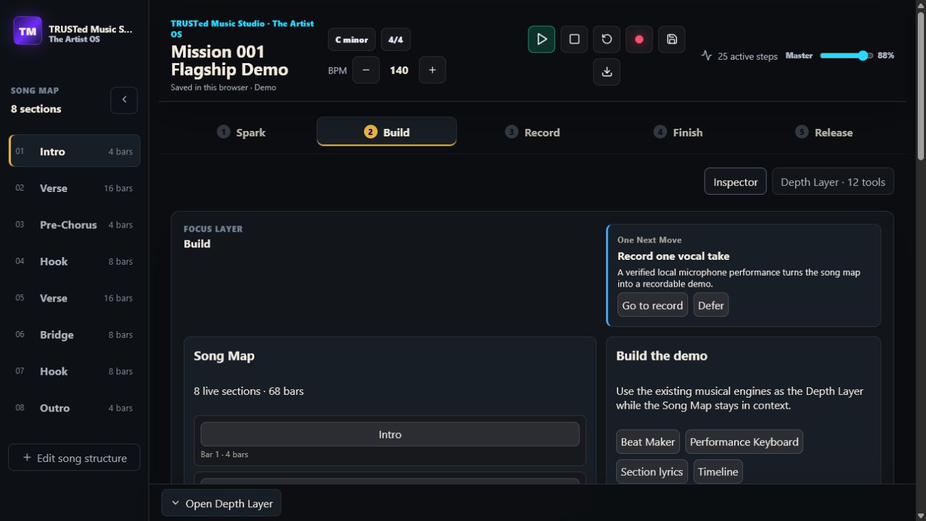 Screenshot of the real local TRUSTed Music Studio Artist OS interface
