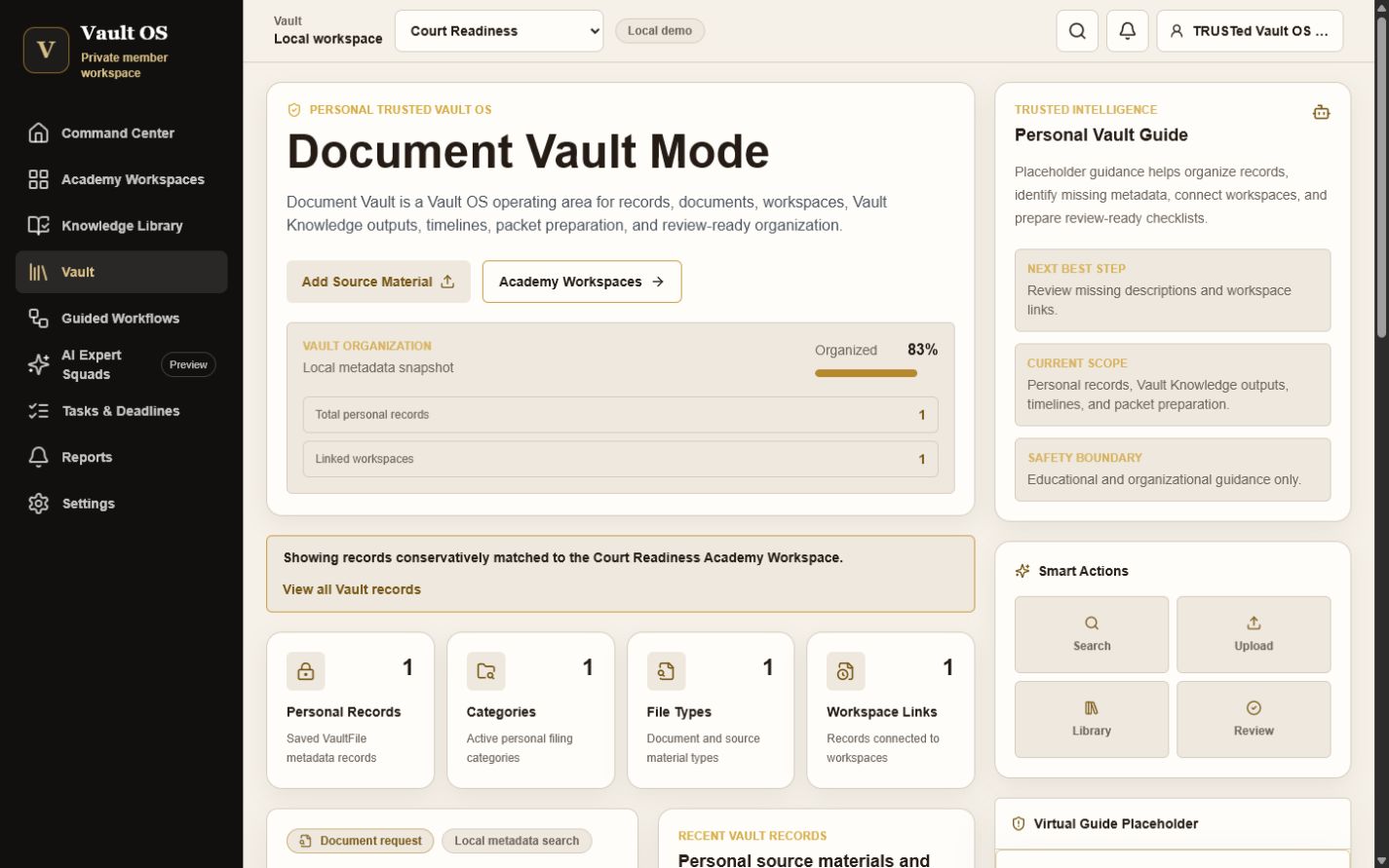 Screenshot of a real local Vault OS implementation candidate in document vault mode
